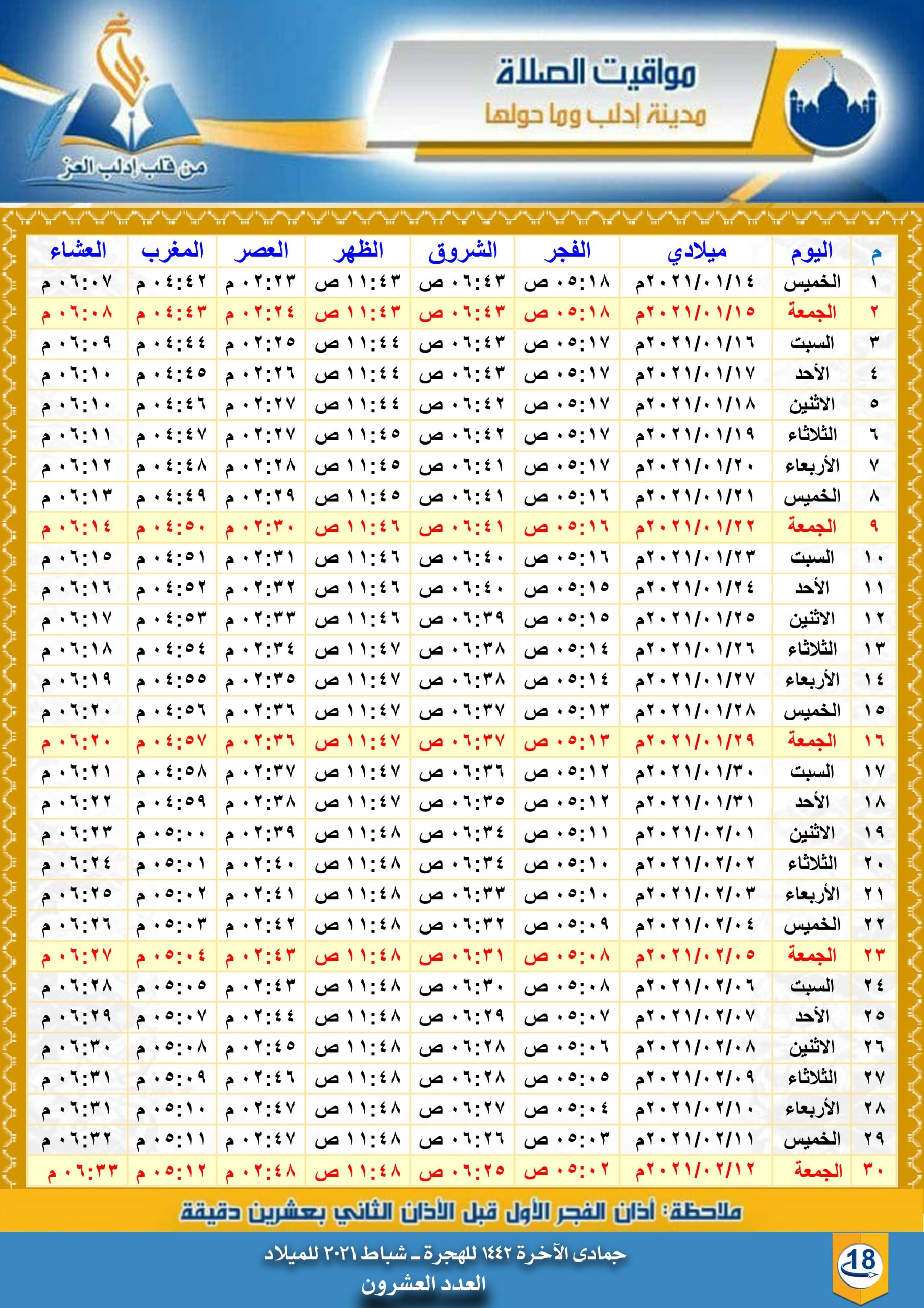 مواقيت الصلاة في إدلب لشهر جمادى الآخرة 1442هـ |صدى إدلب | مجلة بلاغ العدد 20 جمادى الآخرة 1442